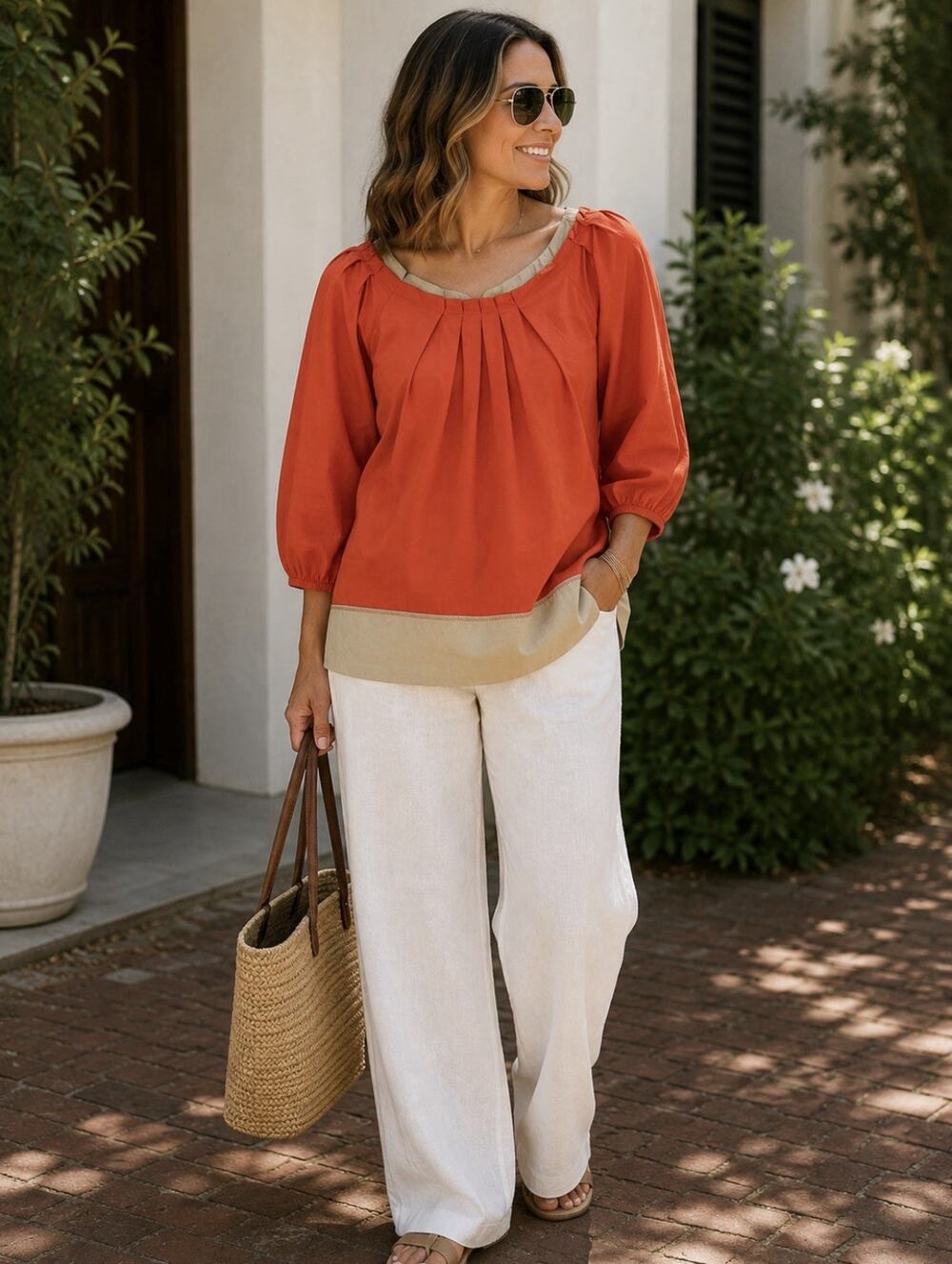 Ryu Anthropologie Peasant Blouse Sz L Balloon Sleeve Orange Pleats Cotton